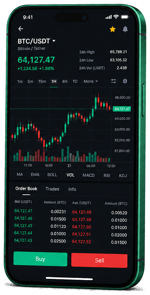 Interfaz móvil de trading Sustarox mostrando gráfico en tiempo real BTC/USDT, ordenes y compra/venta